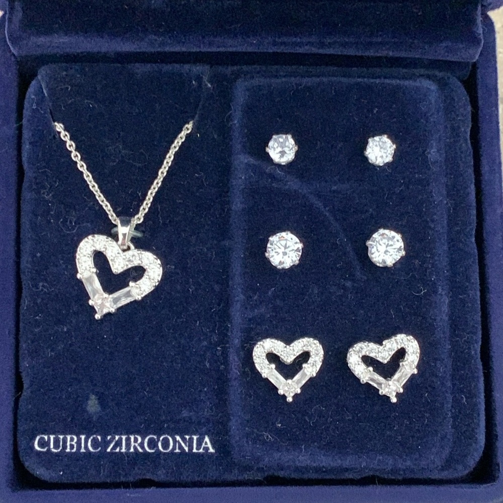 Danecraft fine silver plate cz heart necklace/earring set